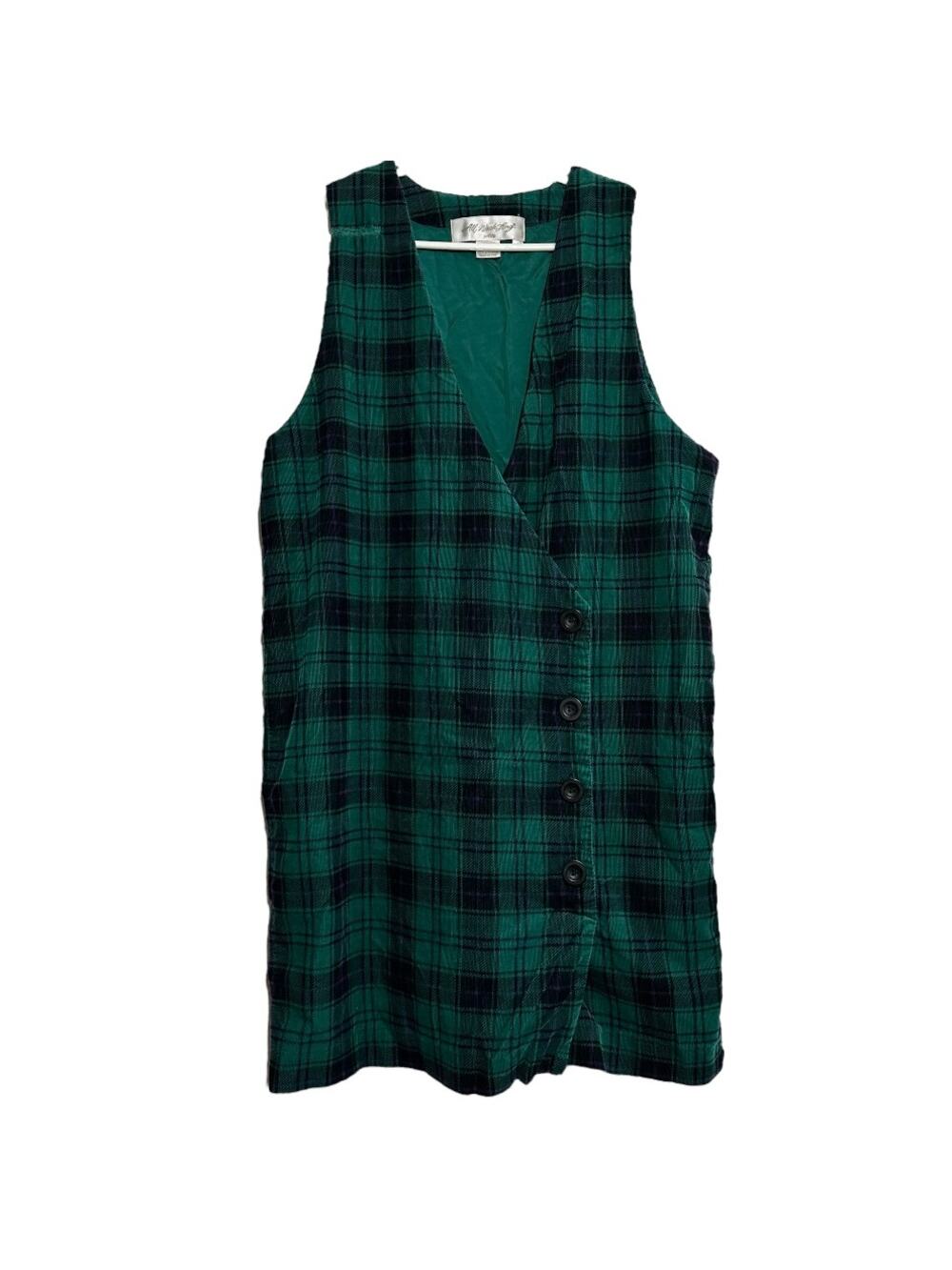 All Week Long Corduroy Dress 100% Cotton Wrap Button Up Gingham Plaid Green 8P